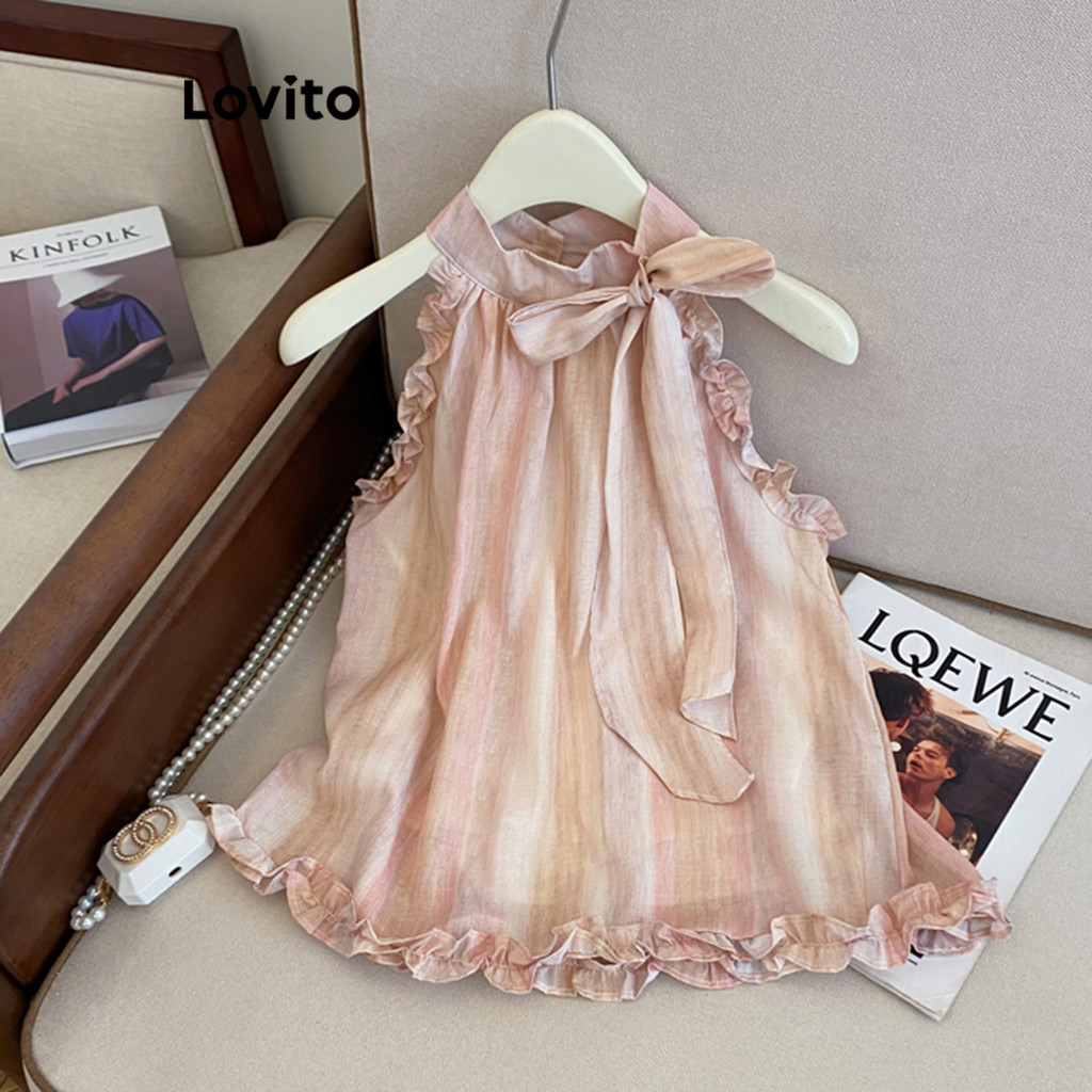 (Trendy) Lovito Regata Casual Listrada Com Cadarço E Acabamento Em Alface Para Mulheres LNE68252