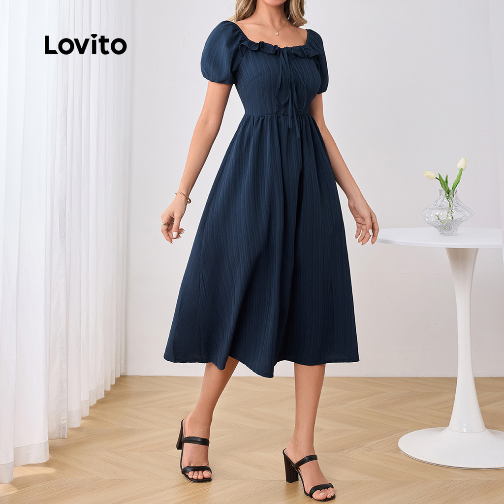 Detalhes do Lovito Vestido Elegante Liso Com Babados E Renda Azul Primavera/Verão Para Mulheres LBL25040