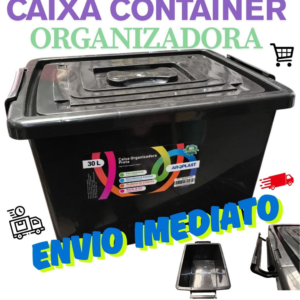 CAIXA ORGANIZADOR CONTAINER DE PLASTICO RETANGULAR PRETO C/TP. + TRAVA E ALCA 30 LTS 25864