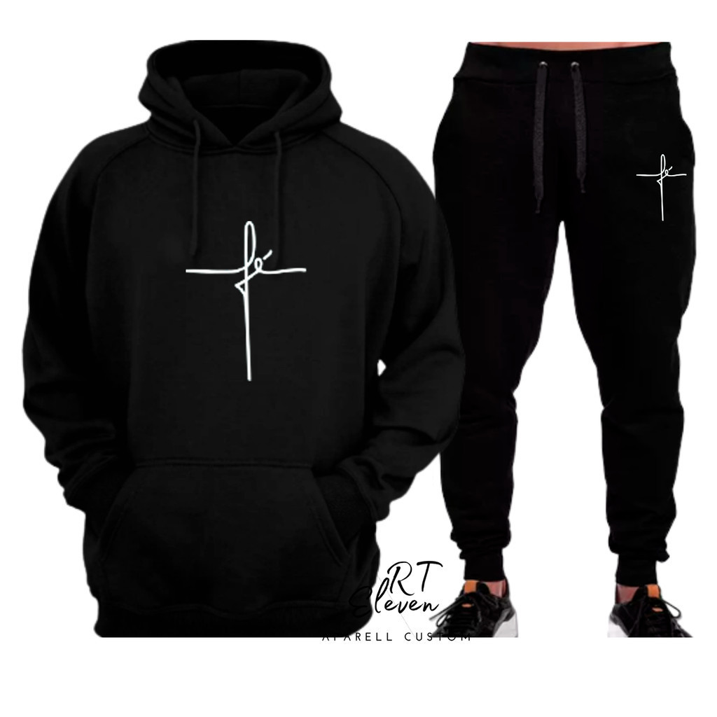 Conjunto Moletom Fé Estampa Cristã Casaco Blusa De Frio + Calça linha premium moleton canguru com bolso e capuz