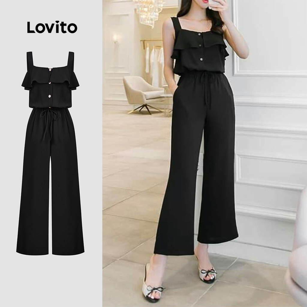 Macacão Elegante com Babados e Botões Primavera/verão Preto para Mulheres L138ED054