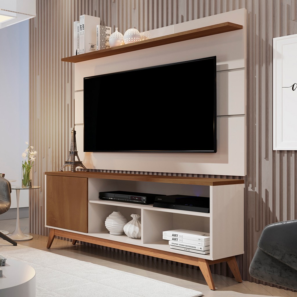 Rack com Painel para TV Até 50 Polegadas Lincoln 1 Porta 1 Prateleira Off White/Freijó - Pnr Móveis em Oferta na Shopee