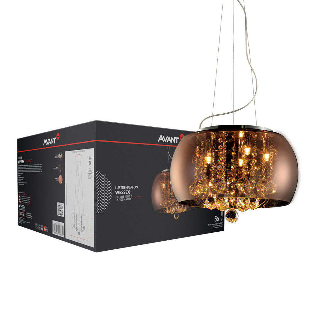 Lustre Luminaria Pendente led Wessex 5xG9 De Vidro Cobre Rosê Espelhado Cod: 340515509 Avant