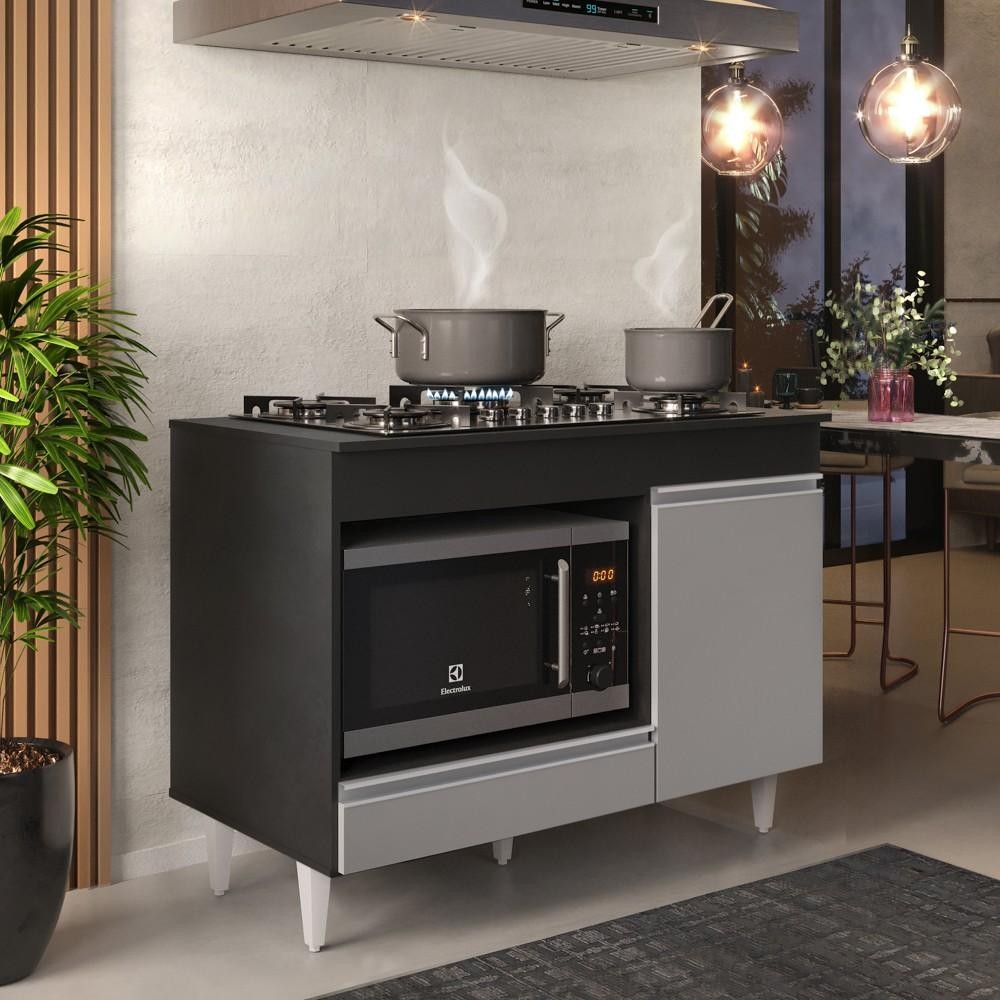 Balcão Multiuso para Cooktop 4 Bocas Georgia Preto/Cinza - Lumil Móveis - Home & Living