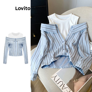 Lovito Blusa casual listrada falsa 2 em 1 com botões para mulheres L108ED937 em Oferta na Shopee