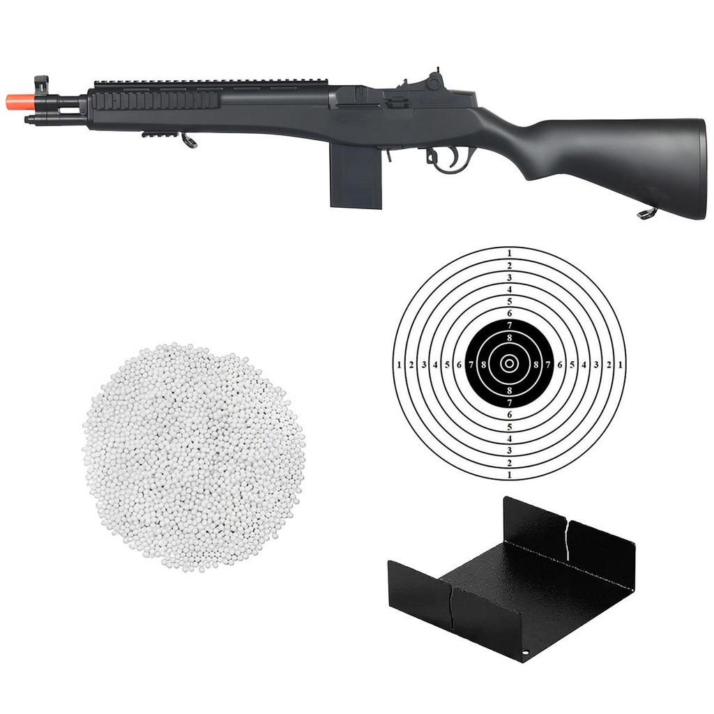 Kit Rifle AirSoft M14 M305F Spring 6mm Preta - Double Eagle + 2000 Esferas 0.12g + Alvo + Porta Alvo