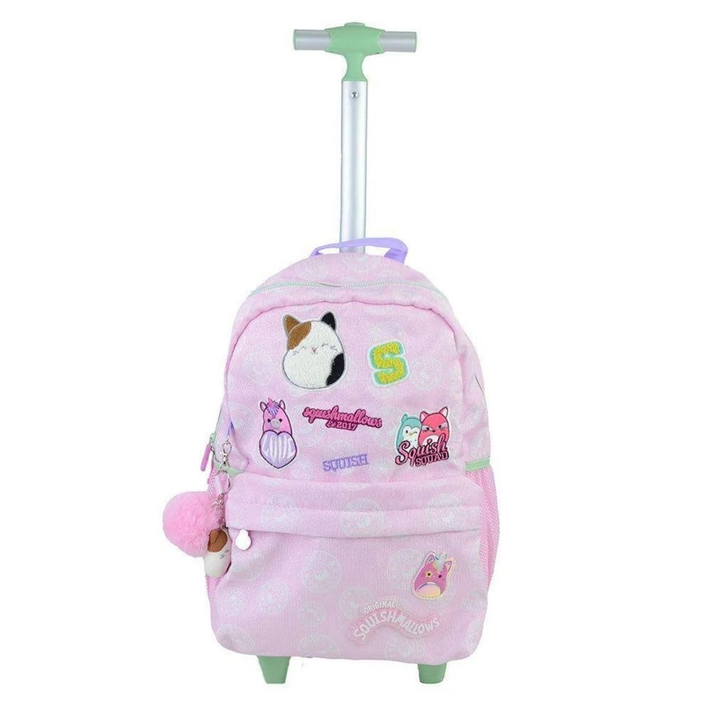 Mochila Rodinhas Squishmallows Escolar Infantil Chaveiro Patch Rosa Pacific