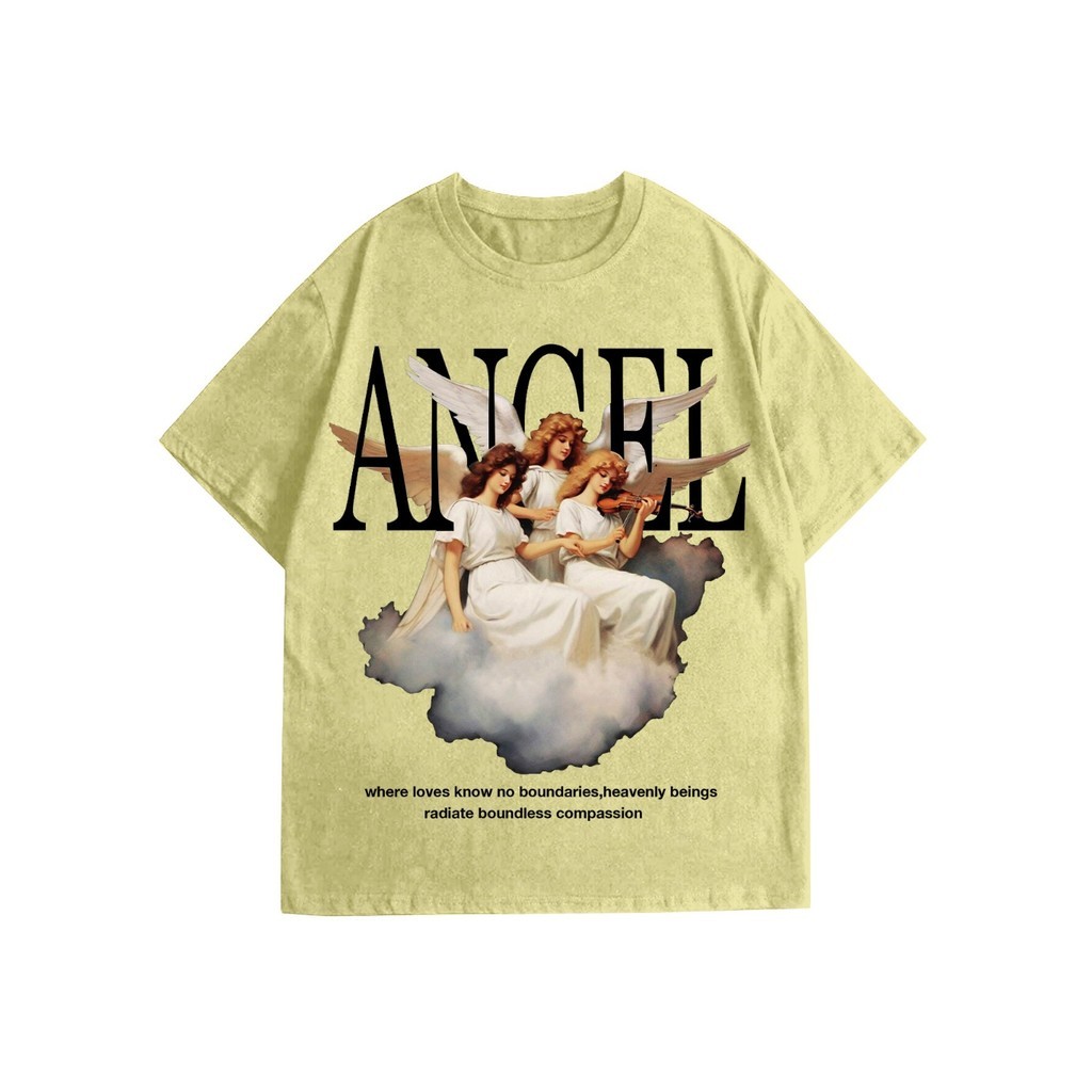 Camiseta Amarelo Claro Oversized T shirt Old School Estampa Angel Blusa Bordado Streetwear Unissex