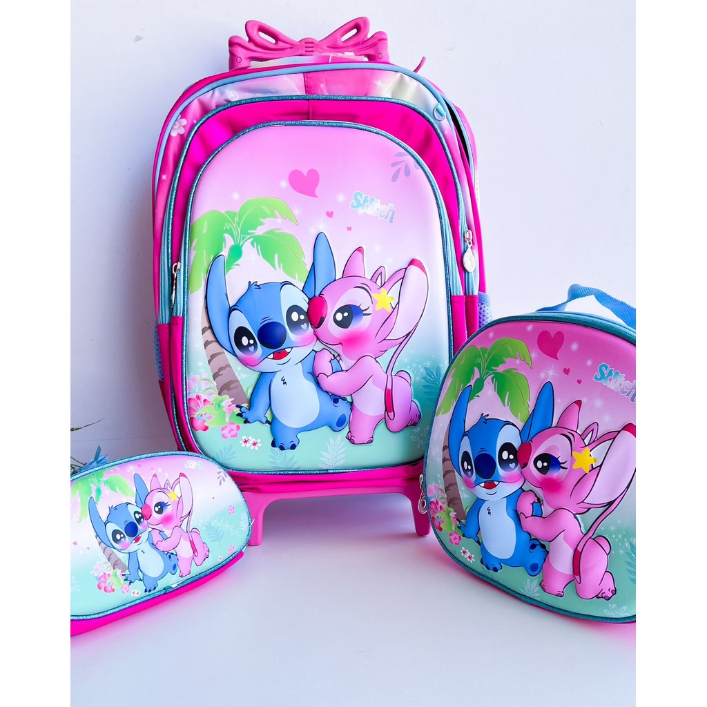KIT MOCHILA INFANTIL DE RODINHA STITCH ROSA