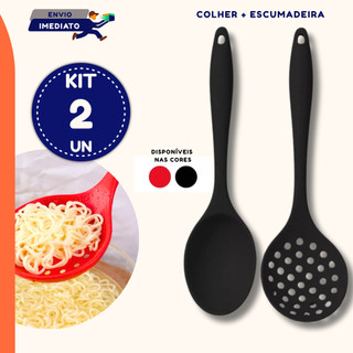 Conjunto Silicone Colher De Arroz E Escumadeira Preto E Vermelho 1 2 Unidades