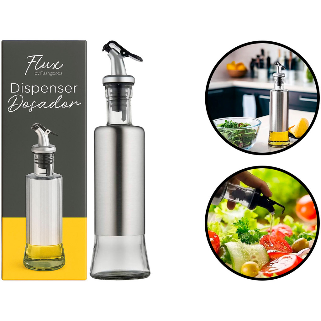 Porta Azeite Vinagre Temperos Galheteiro Dispenser Com Bico Dosador Inox Vidro 300ml Flux	 em Oferta na Shopee