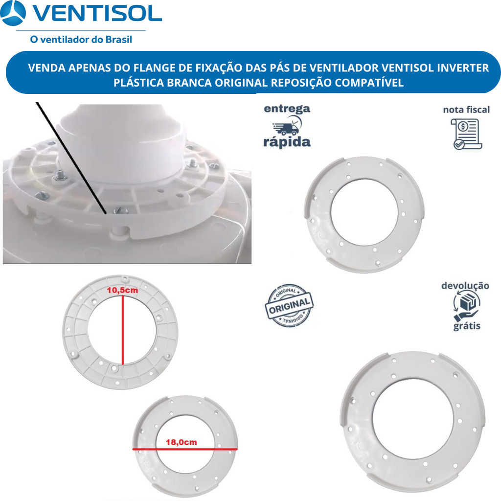 Flange de Fixação Pás Ventilador de teto Ventisol Inverter Plástica Branca Original Reposição