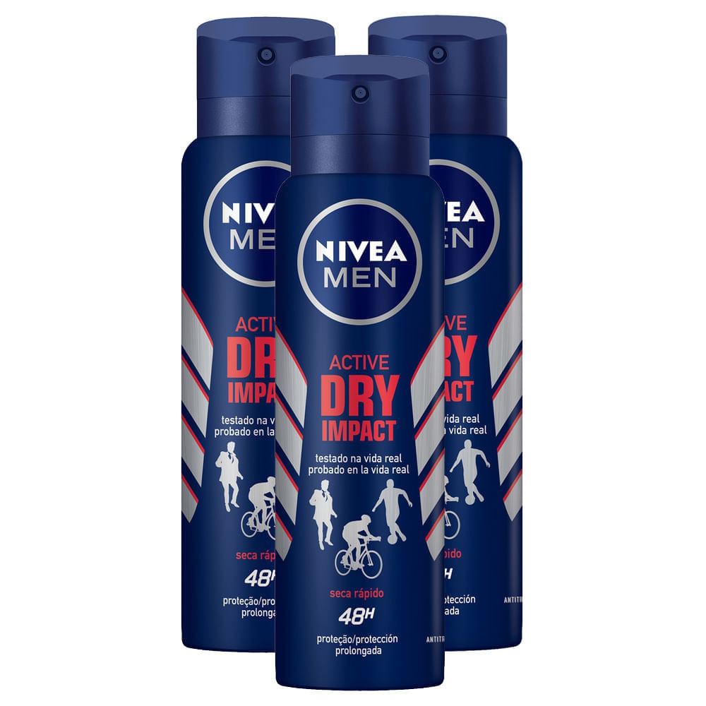 Kit 3X 150ml Desodorante Antitranspirante Aerosol Nivea Men Dry Impact - Beauty