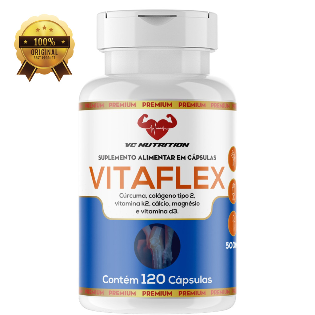 Cúrcuma, colágeno tipo 2, k2, cálcio, magnésio, D3, Vitaflex 120 capsulas, articulações,