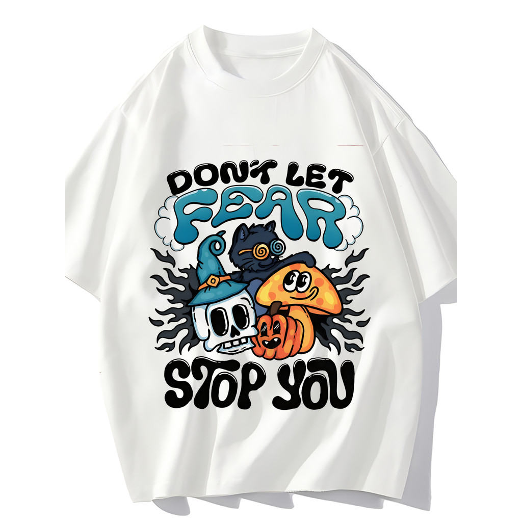 Camiseta Masculina Don't Let Fear Stop You Streetwear 2025 Novo Halloween Estampa Fantasma Abóbora Caveira