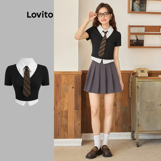 Lovito Blusa Preppy Plain Tie Neck Fake 2 em 1 para mulheres L108ED892 em Oferta na Shopee