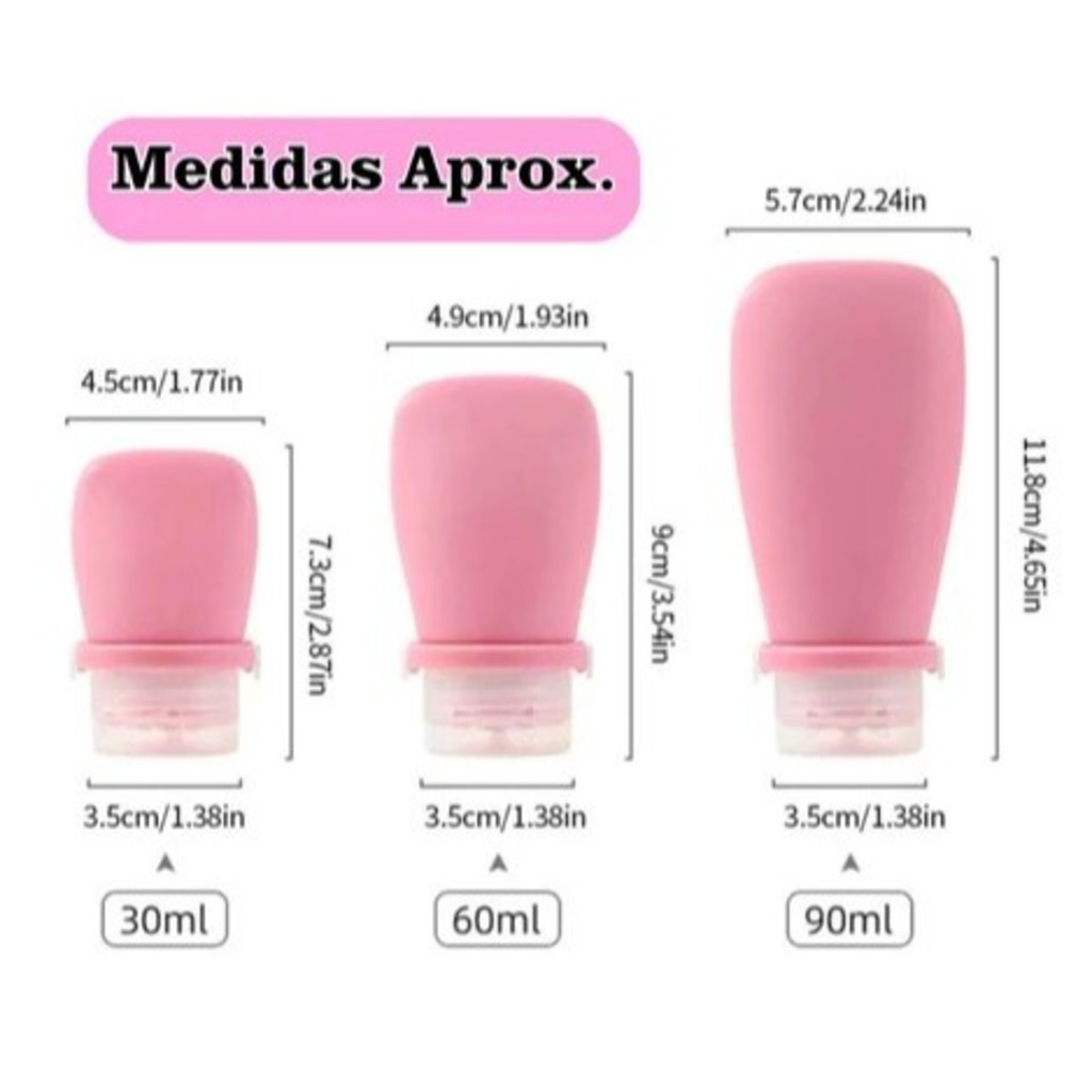 Kit 3 Frasco De Cosmético 30/60/90ml Silicone Para Viagem Portátil Shampoo Creme Loção Sabonete