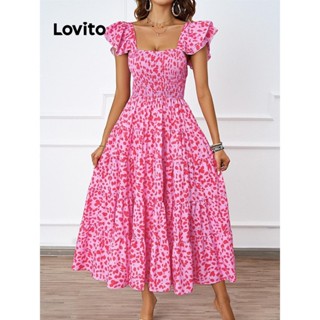 Lovito Vestido elegante com babados e bolinhas para mulheres LNL74364