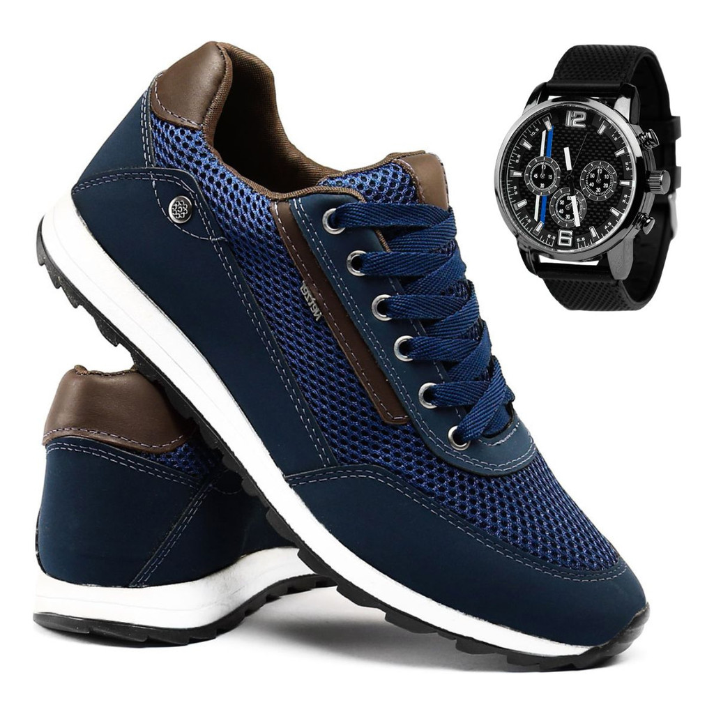Kit Sapatênis Masculino Em Couro Eco + Relógio Esportivo em Oferta na Shopee