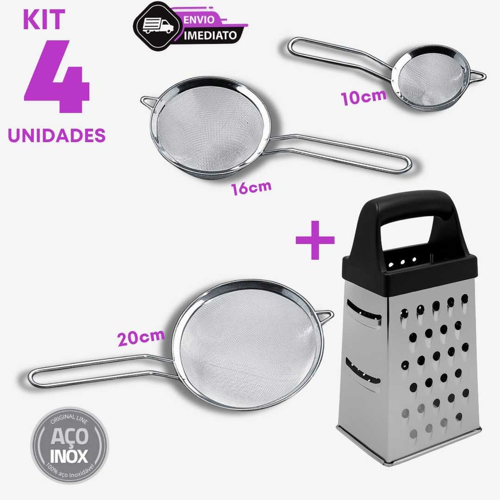 Jogo 4 Peneiras Inox 10cm 16cm 20cm + Ralador 4 Faces Coar Ralar Tapioca Queijo Vegetais Sucos Bar