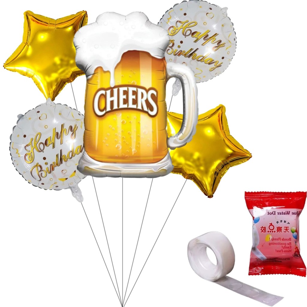 Kit Balão Metalizado Caneca Chopp 53x70cm + Estrelas Douradas + Happy Birthday + Fita Gota Adesiva