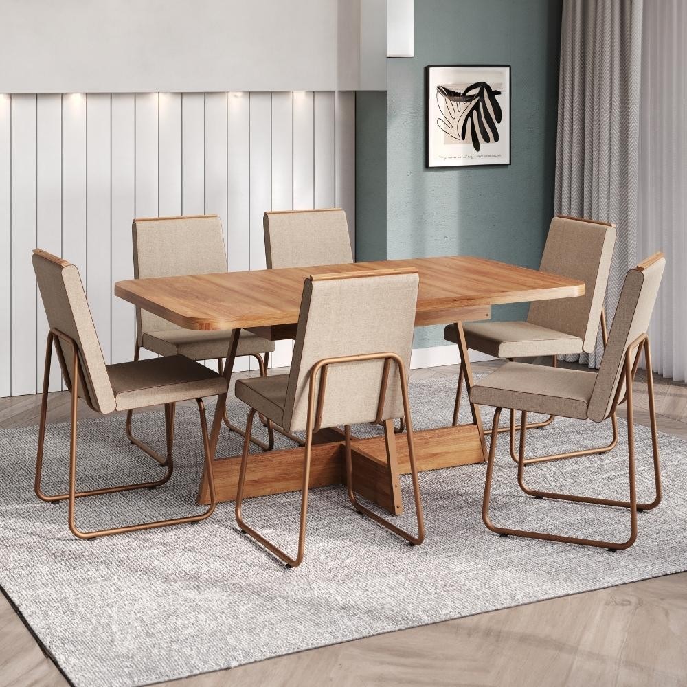 Conjunto Sala de Jantar 6 Cadeiras Arezzo Carraro Nogal e Rosê em Oferta na Shopee