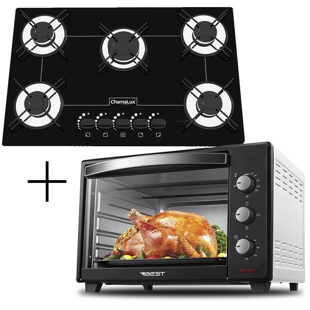 Fogão Cooktop 5 Bocas Preto + Forno de Eletrico 48 Litros - Home Appliances