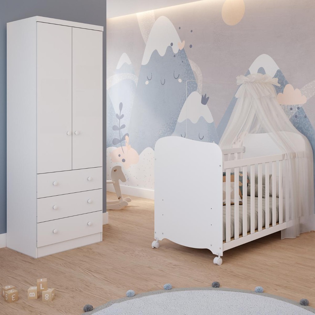 Quarto de Bebê Completo Berço Americano Uli Guarda Roupa Smin 2 Portas 3 Gavetas 100% MDF em Oferta na Shopee