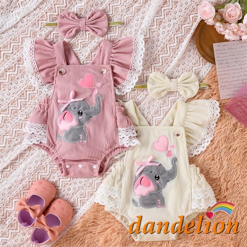 Bebê Recém-Nascido Menina Manga Mosca Bordado Elefante Coração Macacão Com Faixa De Cabelo Roupas Do Dia Dos Namorados