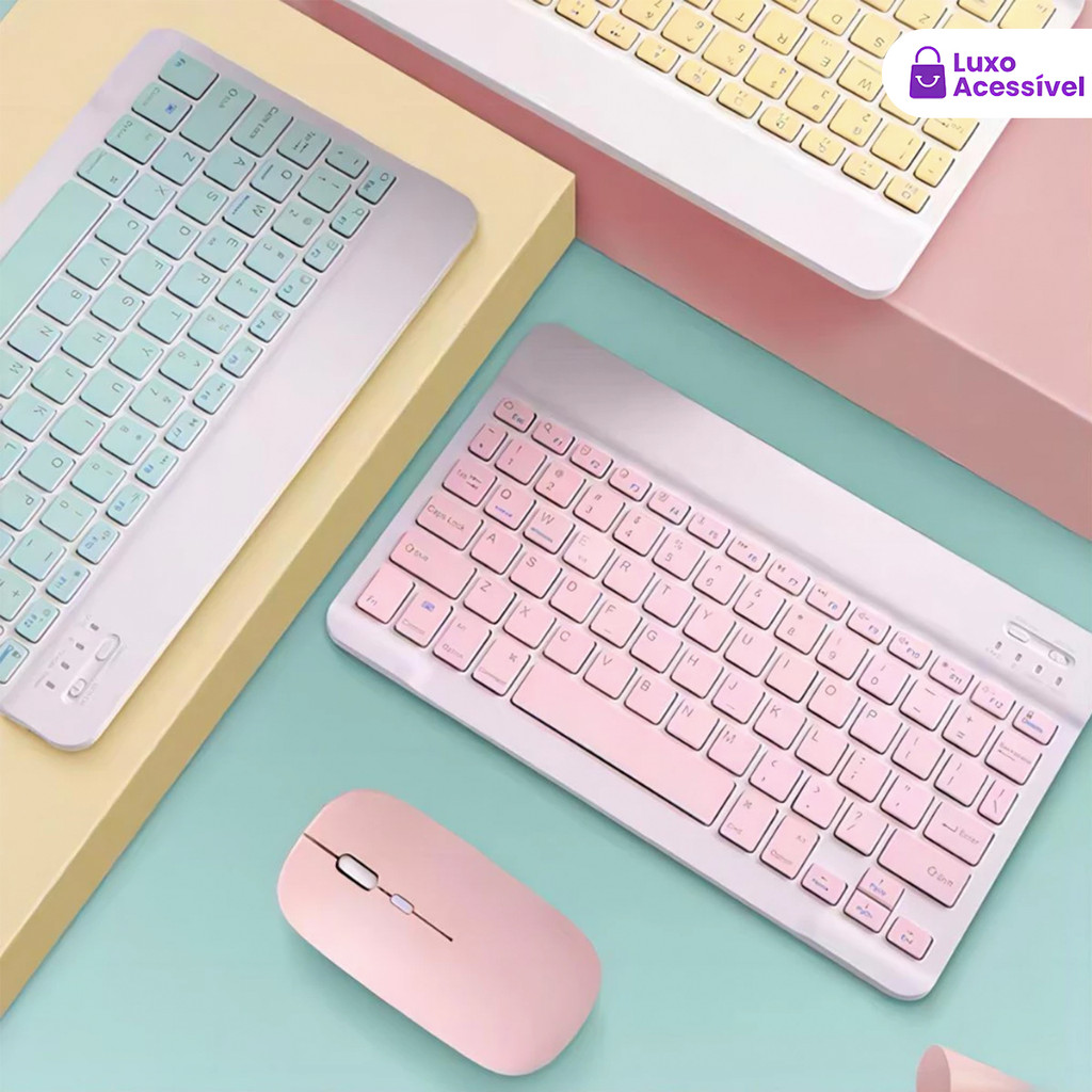 Imagem Kit com Teclado e Mouse Sem Fio Bluetooth de Cores Macaron Adequado para PC iPad Tablet e Notebook