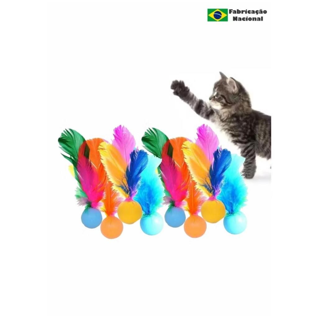 Kit 10 Bolas  Brinquedo para Gato Bola com Pluminha Penas Peninha Colorido com Chocalho 20 cm