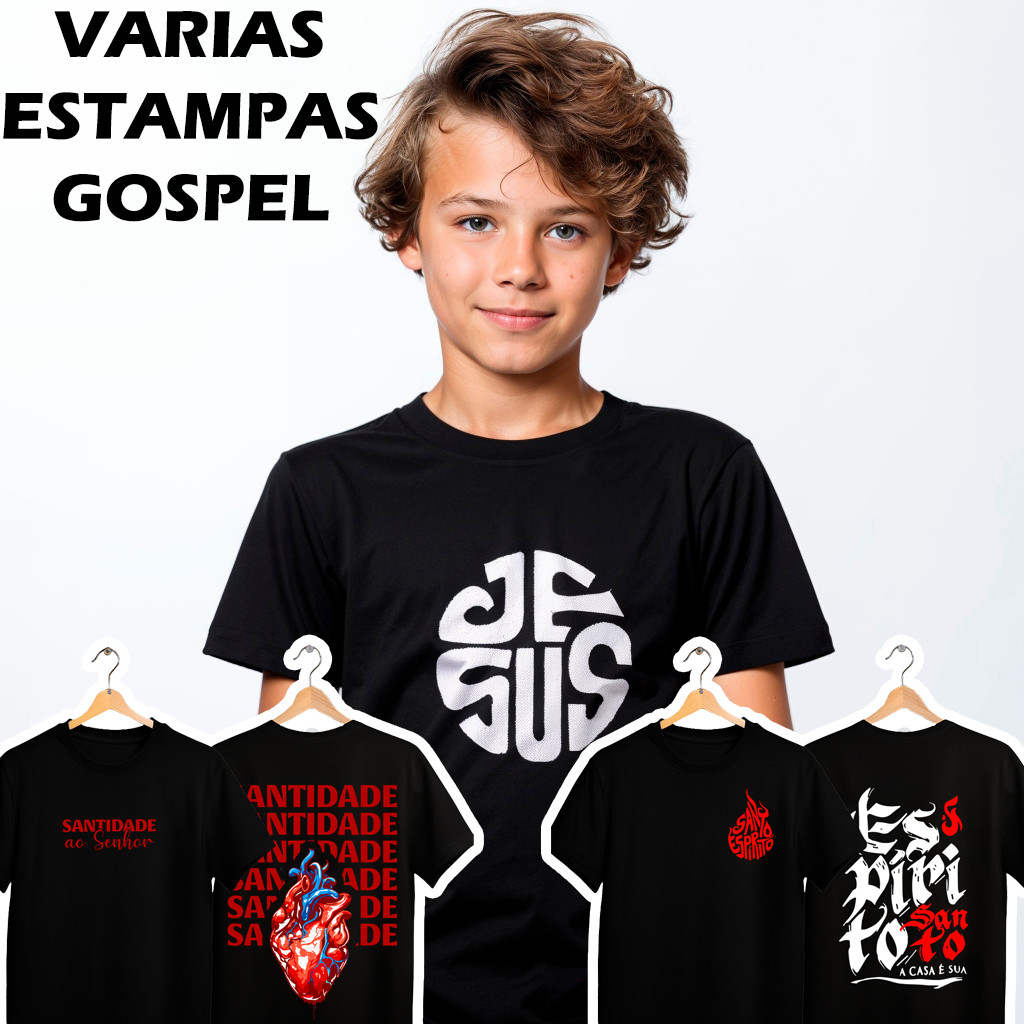 Camiseta Preta Infantil e juvenil Masculino Gospel Evangélica Jesus 2 ao 16 anos envio rapido