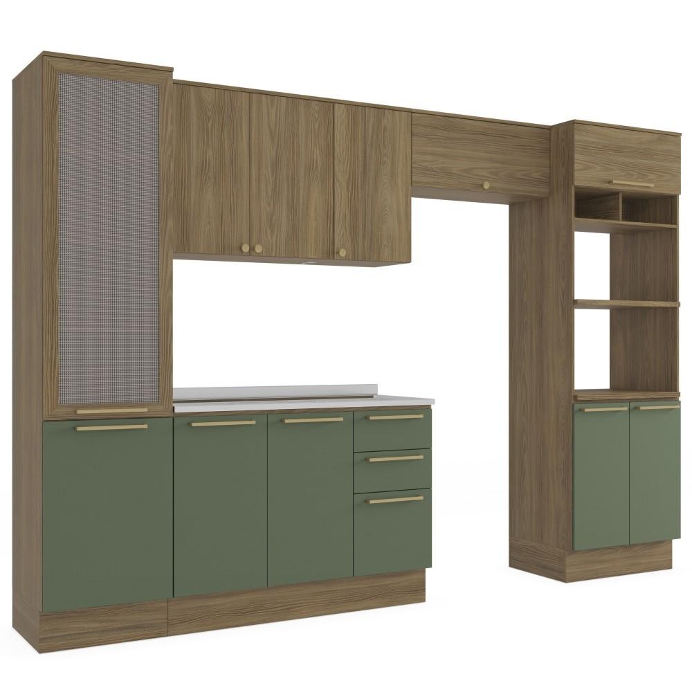 Cozinha Completa 5 Peças com Armário e Balcão Kappesberg Botânic 320cm Nogueira/Verde Oliva - CB895 em Oferta na Shopee