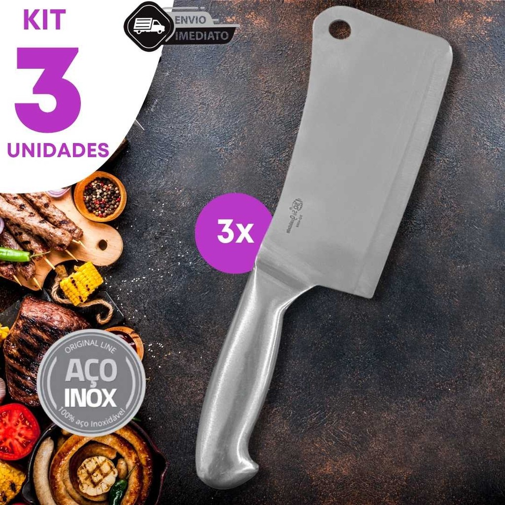 Jogo 3 Cutelo Profissional Inox 6” Churrasco Cozinha Açougue Corte de Ossos Peixaria Frigorifico