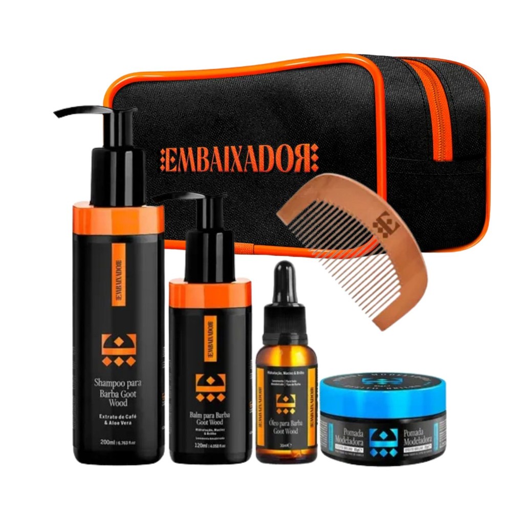 Kit Completo Para Barba Shampoo Pomada Balm Óleo Pente Necessaire Brilho Hidratação Cuidados