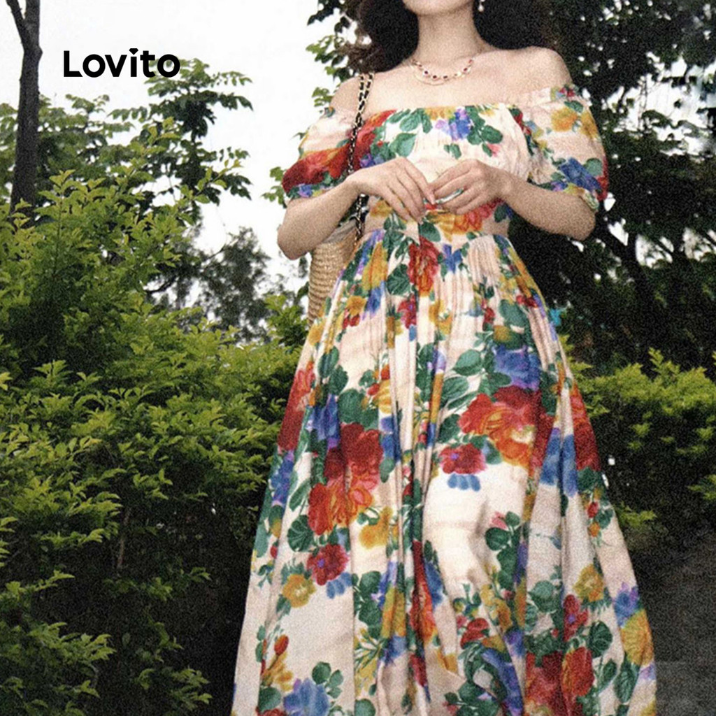(Trendy) Lovito Elegante Estrutura Floral Linha Cruzada Primavera/Verão Vestido Multicolorido Para Mulheres L134LD202 - Women Clothes