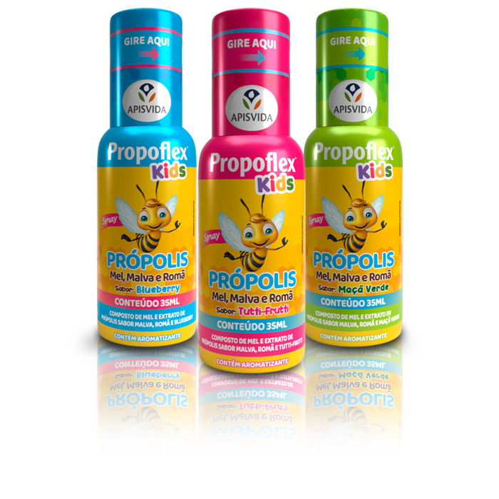 Spray de Própolis Propoflex Kids ApisVida 35ml Sabores Tutti-Frutti, Maçã Verde, Blueberry