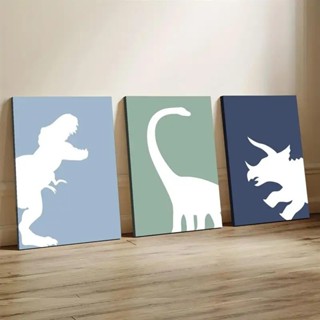 Quadro decorativo 3 peças dinossauros coloridos azul decoração para quarto infantil bebê criança em Oferta na Shopee