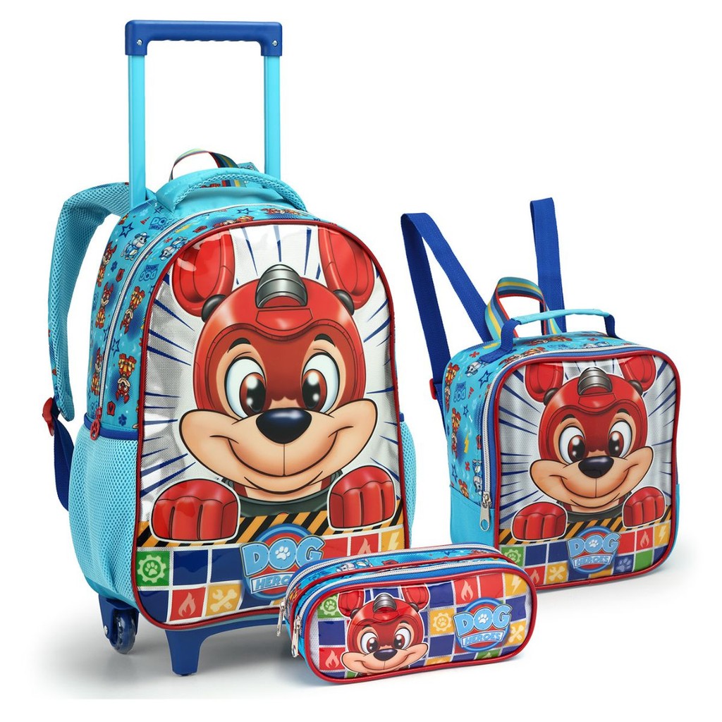 Kit Mochila Rodinhas Lancheira Estojo Dog Heroes Escolar Cachorros Heróis Infantil Menino Seanite