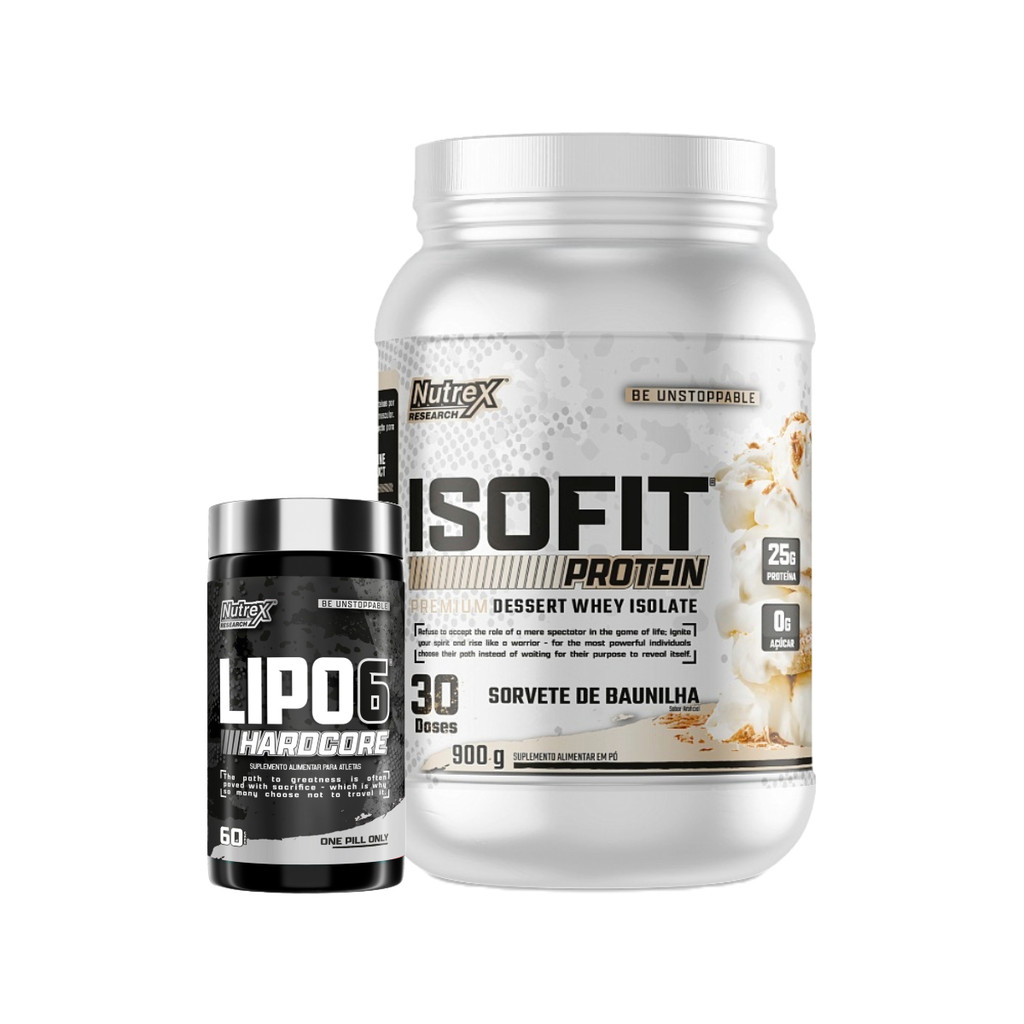 Kit Isofit Whey Protein Premium 900g + Termogênico Lipo 6 Hardcore 60 Caps da Nutrex Research Definição e Performance