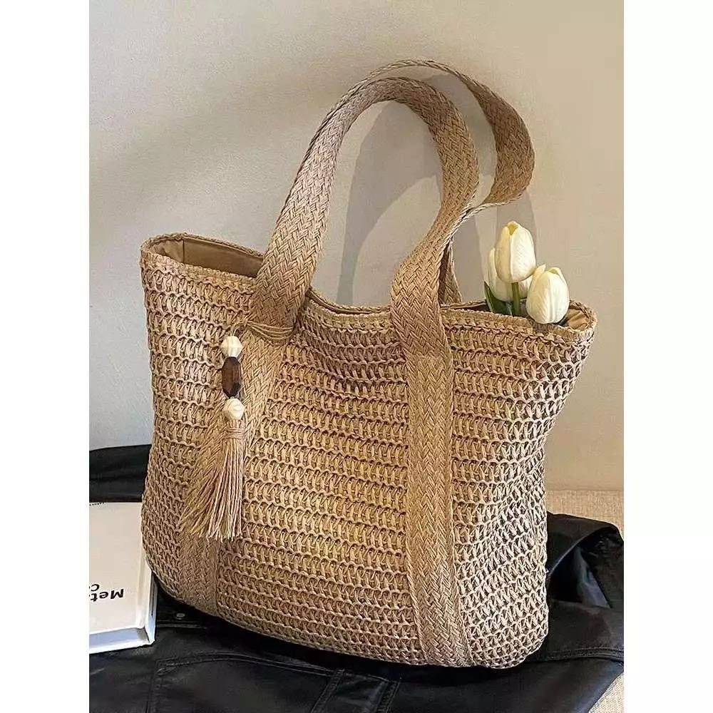Bolsa De Palha Grande Verão De Ombro Com Chaveiro, Fechamento De Zíper em Oferta na Shopee