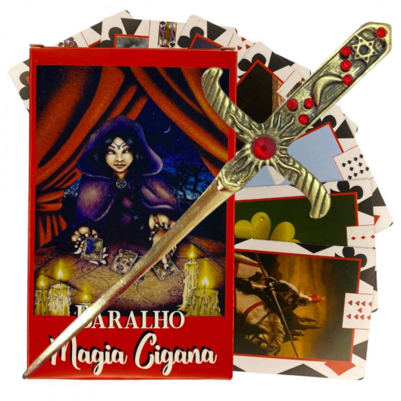 KIT Baralho Tarot Cigana e Athame Dourado com Pedra Vermelha