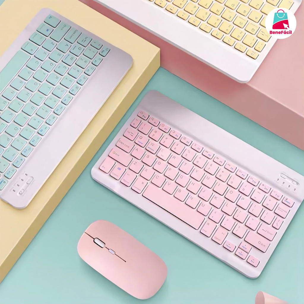 Teclado e Mouse Sem Fio Bluetooth na Estética Macaron Ideal para PC iPad Tablet e Notebook
