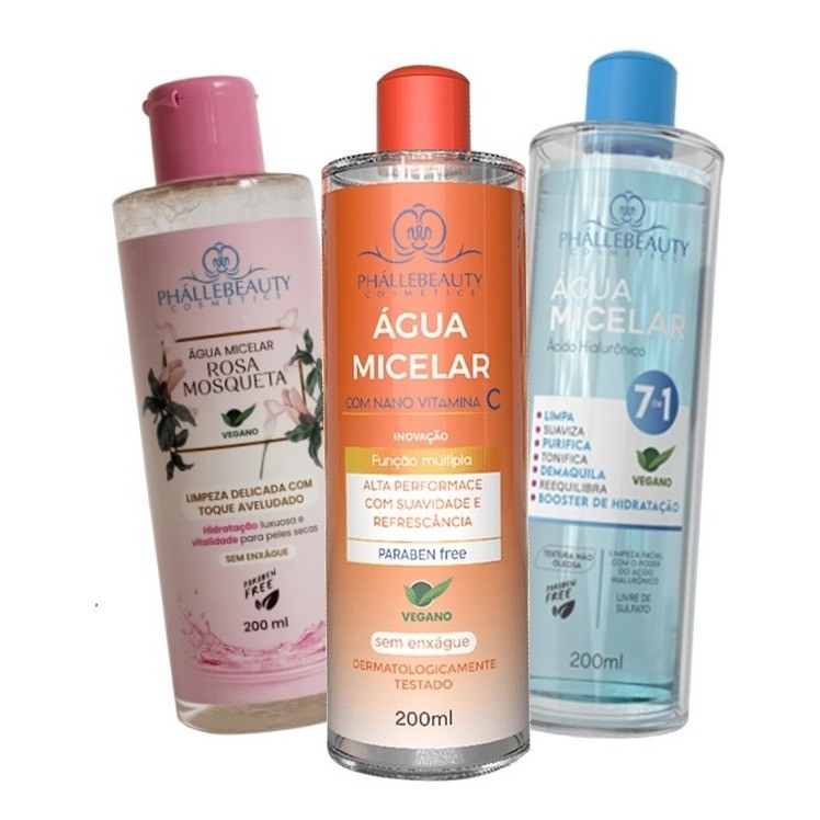 Kit  Água Micelar Vitamina C + Ácido Hialurônico + Rosa - Phállebeauty