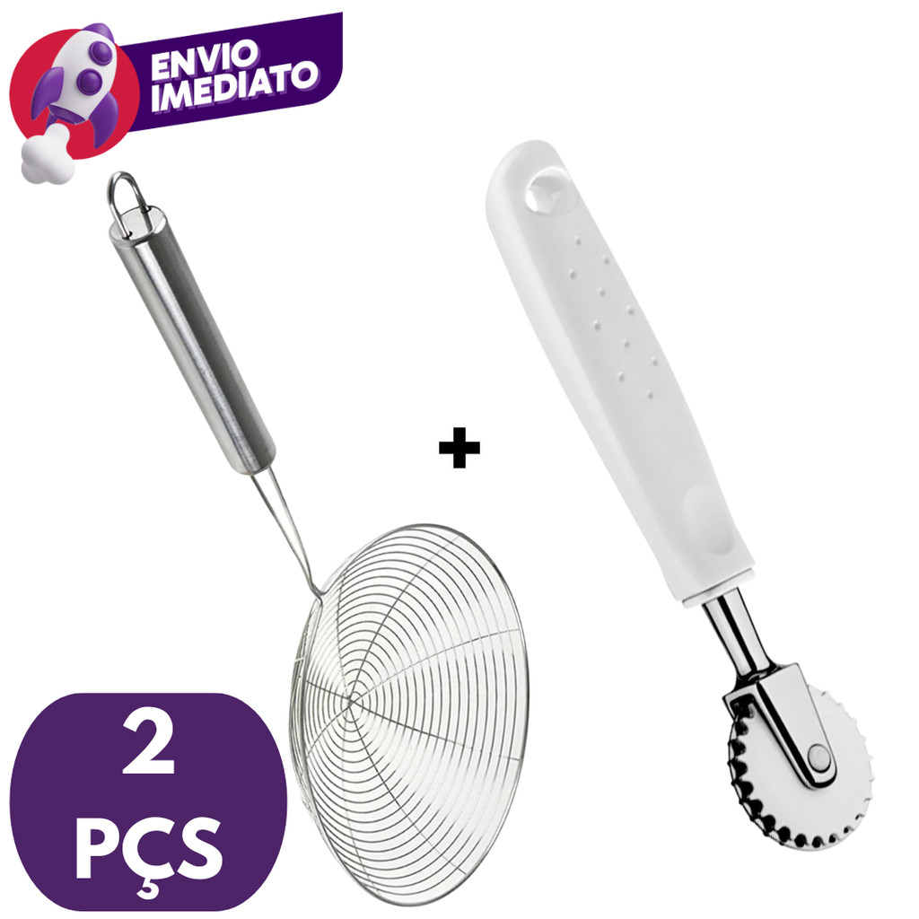 Kit 02 itens: Escumadeira Aramada Fritura Óleo Inox + Carretilha Cortador Massa Pizza Pastel
