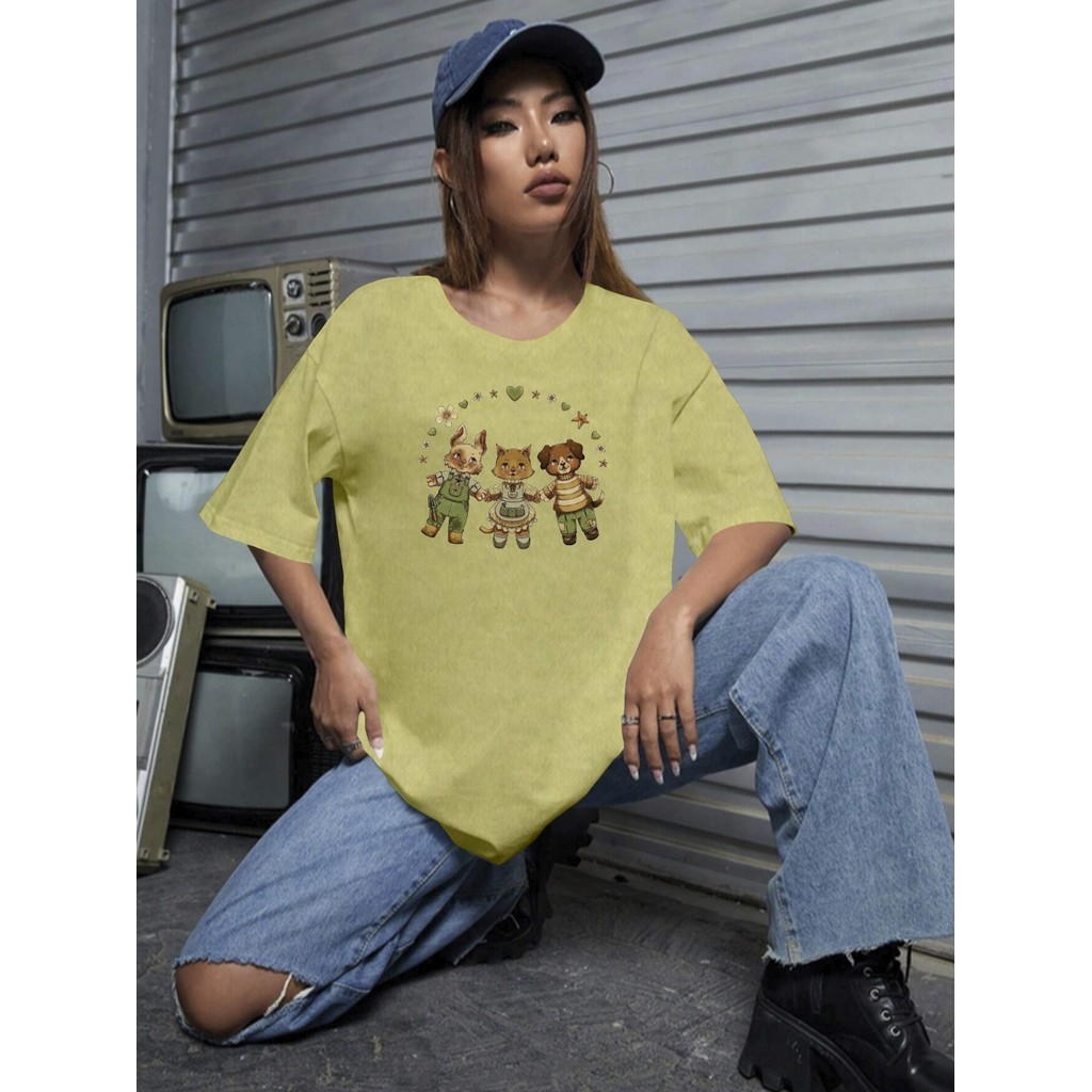 Camiseta Feminina Três Amigos Gola Redonda Animais Oversized Estampados Flor T-shirt Oversized