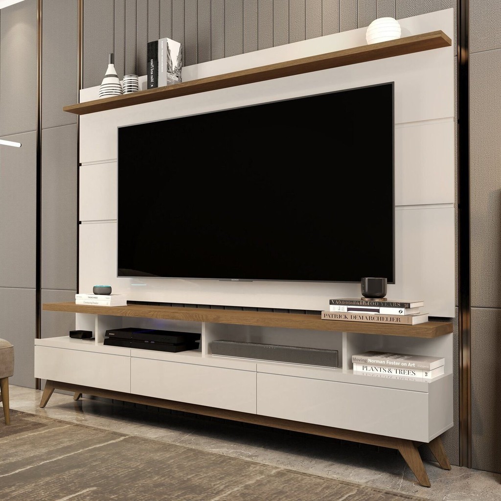 Rack com Painel para TV até 72 Polegadas Pés em Madeira Maciça Vivare Off White/Freijó em Oferta na Shopee