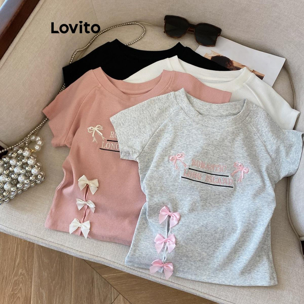 Lovito Camiseta casual assimétrica com laço liso para mulheres LNE65404 - Women Clothes