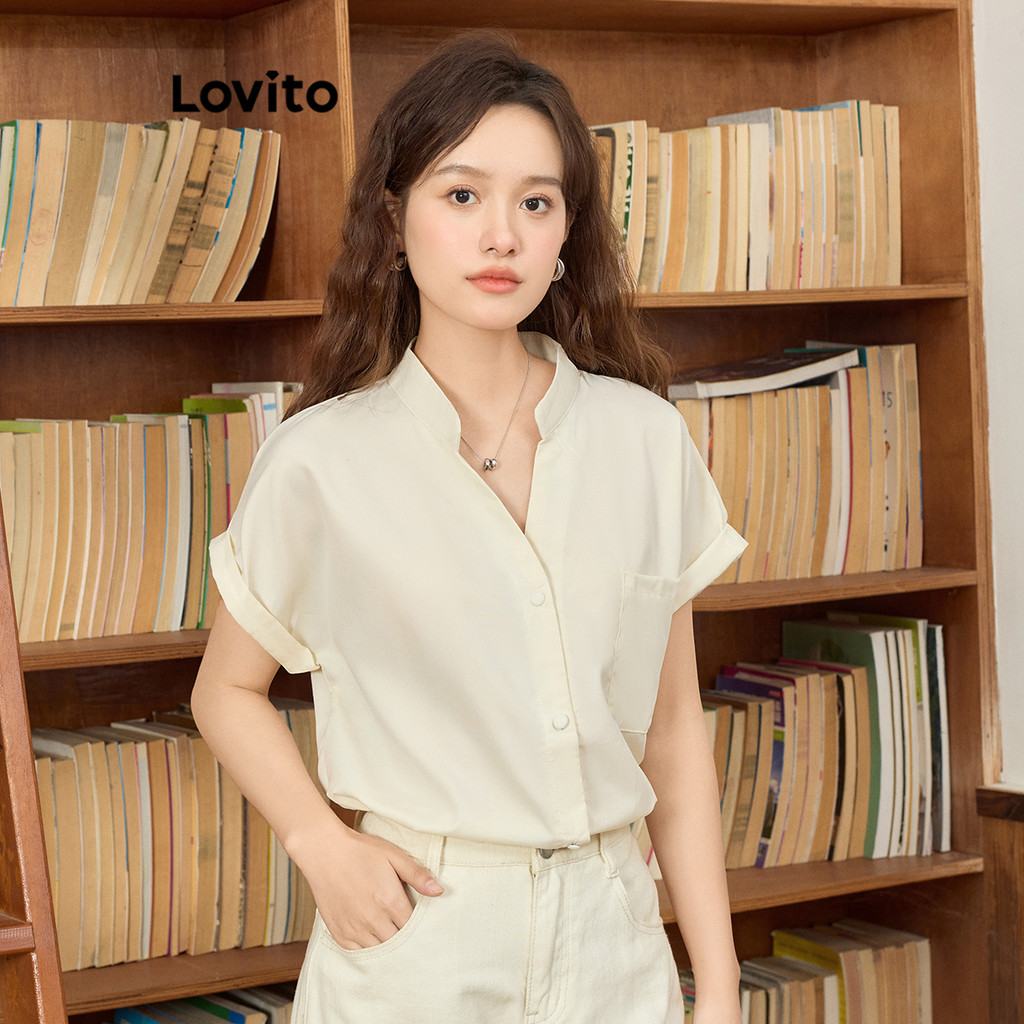 (Trendy) Lovito Blusa Botões Adornos para Mulheres Casual Sem Adornos para Mulheres LNE51414 - Women Clothes