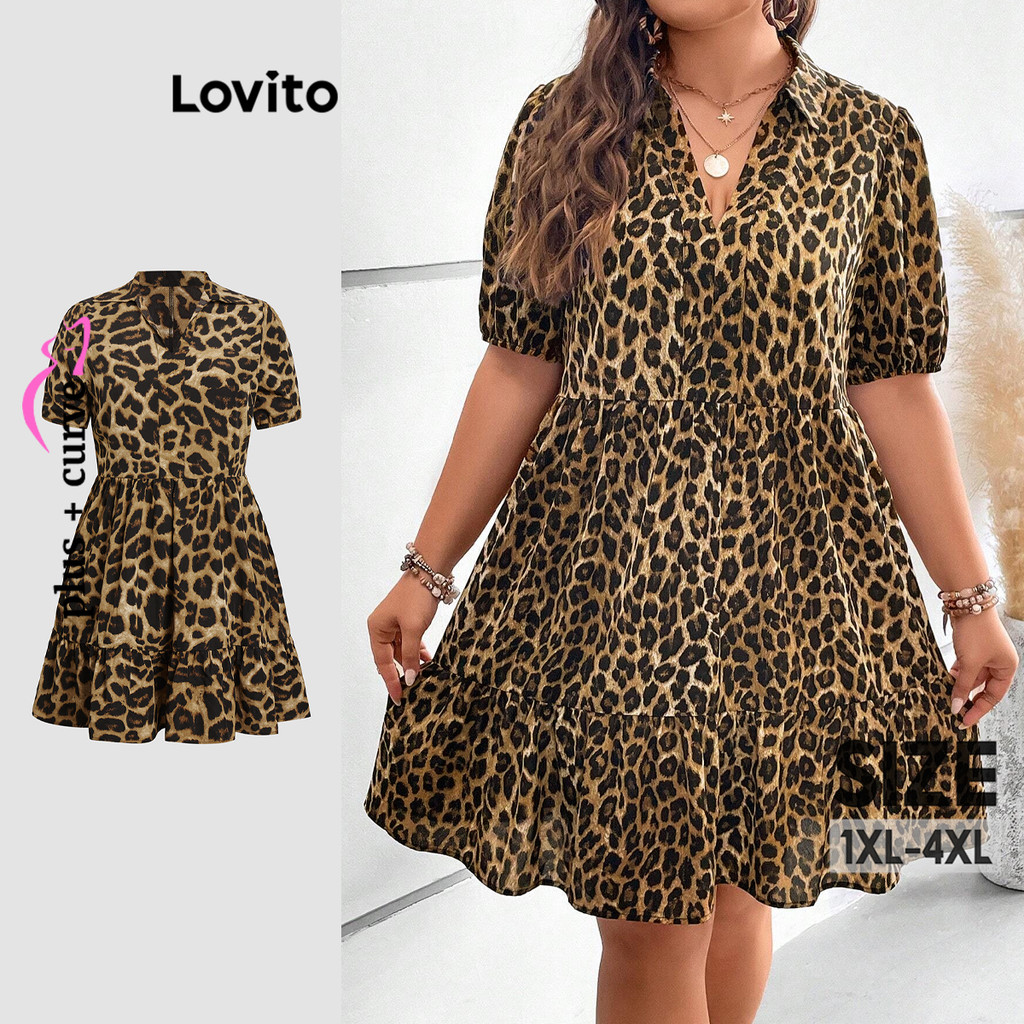 Lovito Vestido Plus Size Curve Boho Leopardo Babado Bainha para Mulheres LBL19290 - Women Clothes